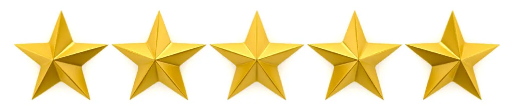 Five golden stars in a row representing a five-star rating