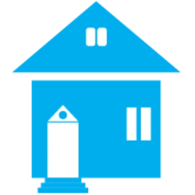 Simple blue house icon with triangular roof, front door, and windows